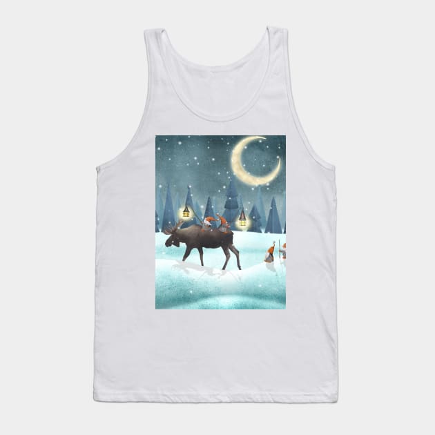 Scandinavian gnomes with moose watercolor illustration. Cute Christmas gnomes in snow forest. Winter fantasy moon night. Swedish Nordic funny gnomes Tank Top by likapix